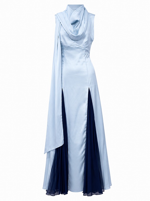 【新品DRESS 3379】ドレープマフラーショールバイカラー切替ホルターネックフレアロングドレス ブルー【KAREN MILLEN】